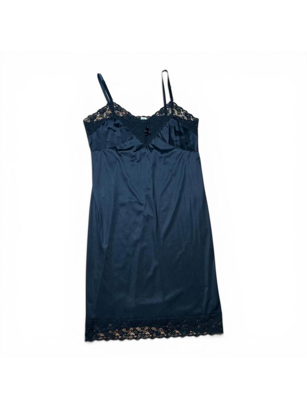 Vintage Black Satin Lace Trim Slip Dress Size 40 B
